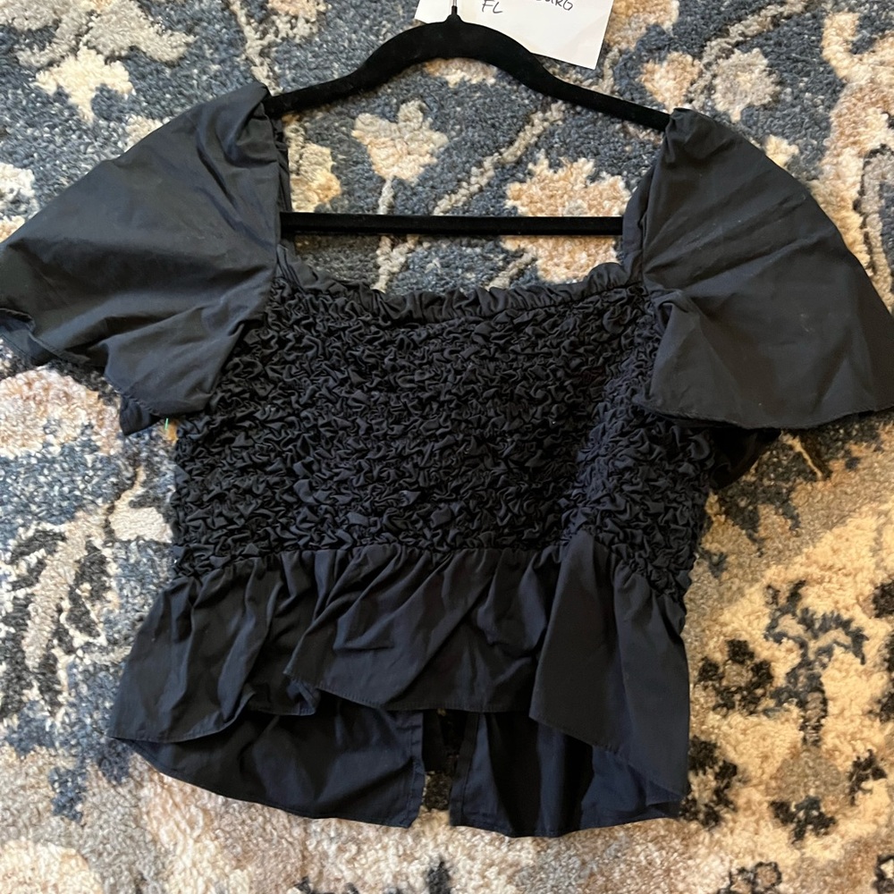 Mare Mare x Anthropologie Black Smocked Blouse Top Bows Cotton Womens Size XS - Picture 4 of 4